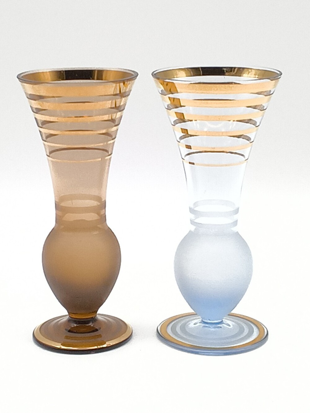 2 Vintage MCM Gold Striped Bud Vase Frosted Blue & Amber Glass Trumpet
